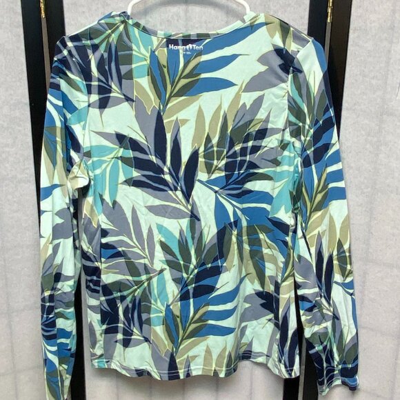 Hang Ten UV Protection Long Sleeve Palm Frond Tropical Foliage Tee Rash Guard M - Picture 2 of 11
